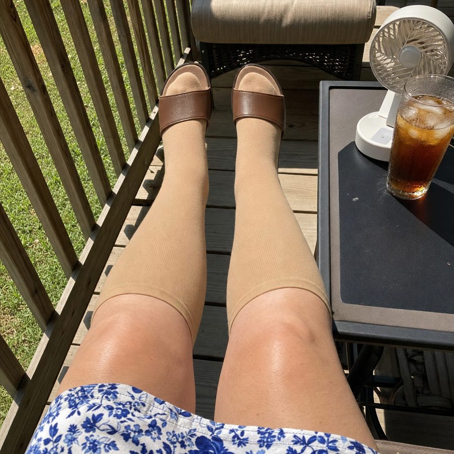 Thick compression socks on a hot summer day