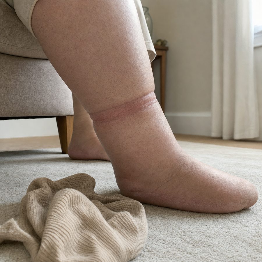 Deep sock marks on a lower leg after removing compression socks